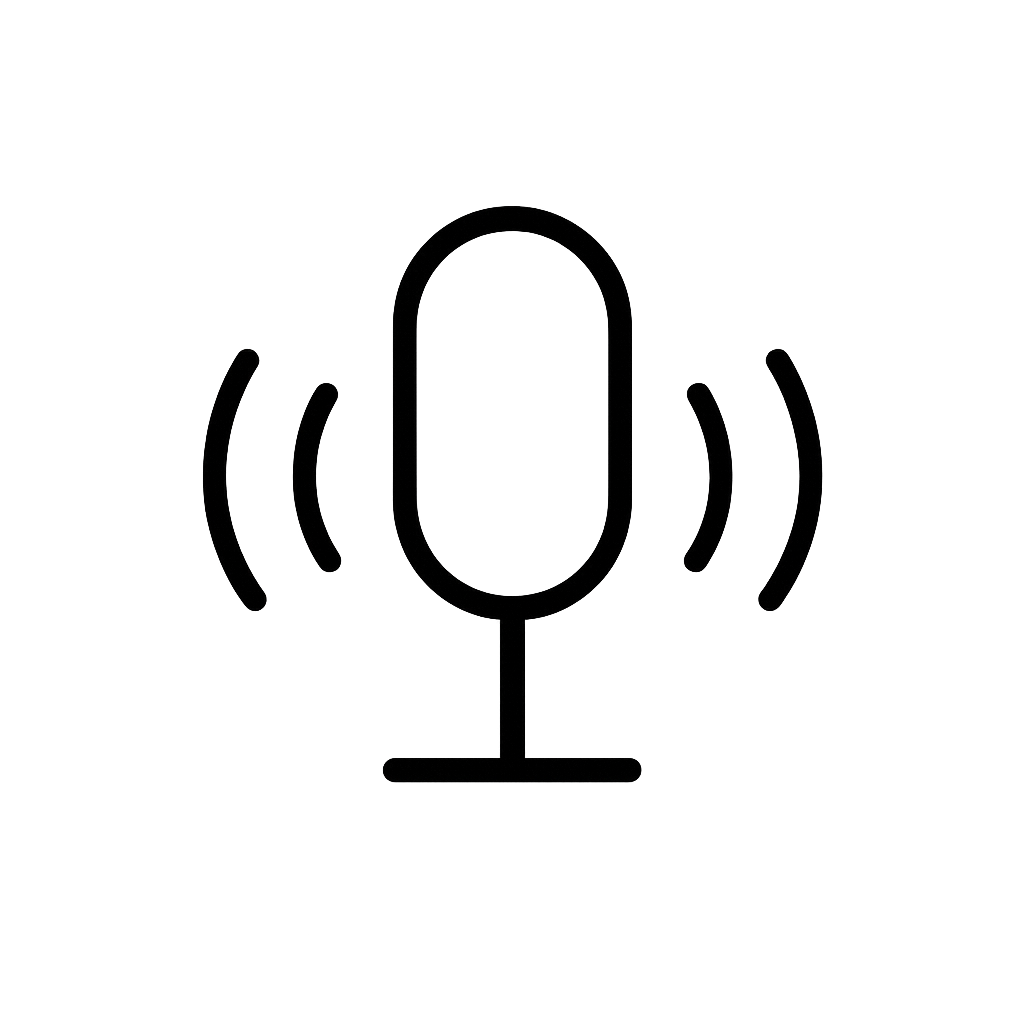 Black microphone icon with sound waves on a white background